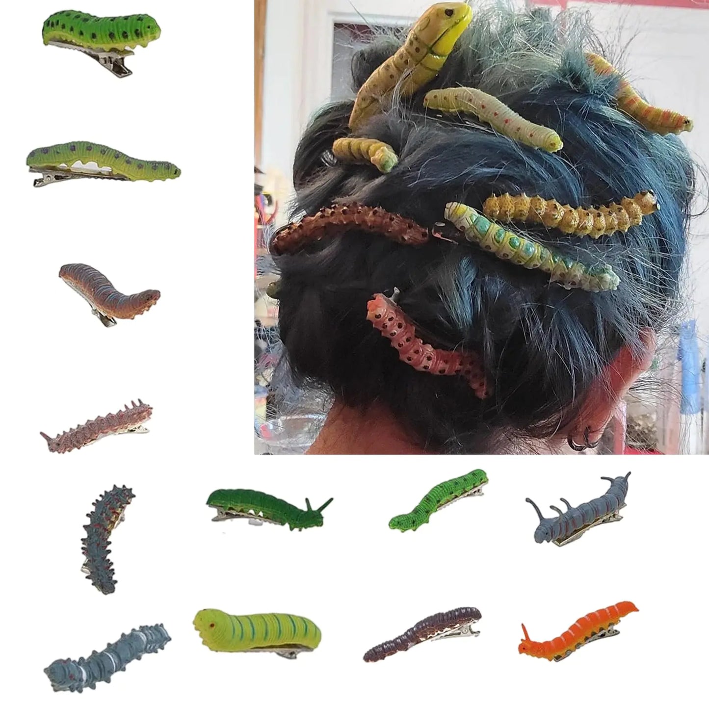 12Pcs Halloween Caterpillar Hair Clips Hand Painted Reptile Hair Clip Headpiece Spooky Halloween Party Hair Accessories Fun 3D Bug Duckbill Clips