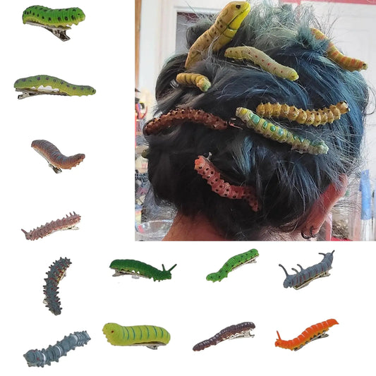 12Pcs Halloween Caterpillar Hair Clips Hand Painted Reptile Hair Clip Headpiece Spooky Halloween Party Hair Accessories Fun 3D Bug Duckbill Clips